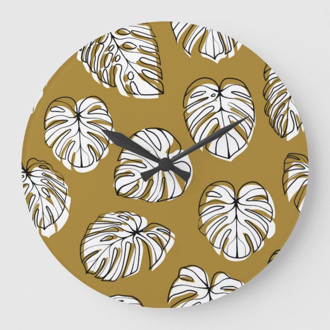 Reloj Redondo Grande Hoja Monstera, Patrón Textil Sin Marea. (Anverso)