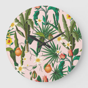 Reloj Redondo Grande Hoja tropical, flor, patrón de fruta.