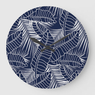 Reloj Redondo Grande Hoja tropical, fondo azul marino