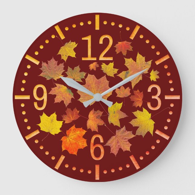 Reloj Redondo Grande Hojas De Arce Amarillas Y Naranjas (Anverso)