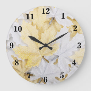 Reloj Redondo Grande Hojas de arce con brillo dorado y blanco de invier
