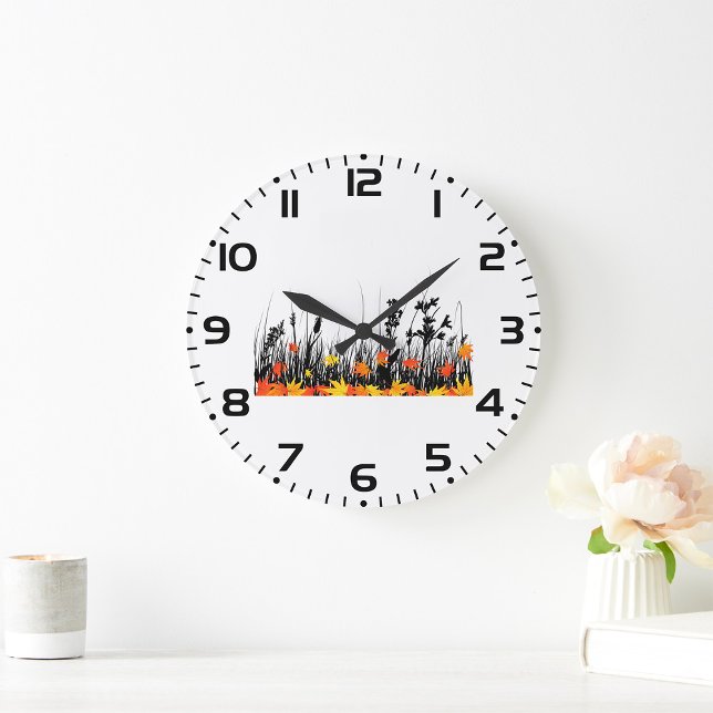 Reloj Redondo Grande Hojas de arce de otoño y silueta de hierba silvest (Subido por el creador)