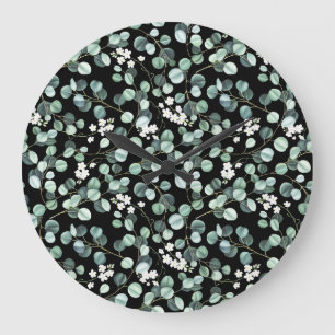 Reloj Redondo Grande Hojas de eucalipto: Patrón de flores blancas