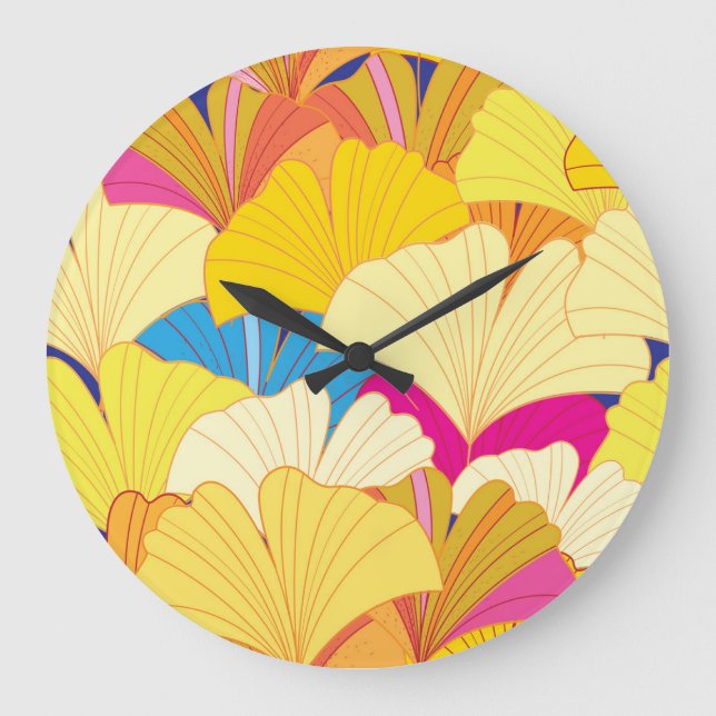 Reloj Redondo Grande Hojas de gingko amarillas, patrón sin costuras. (Anverso)