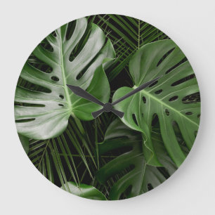 Reloj Redondo Grande Hojas de Monstera, diseño tropical de lujo.