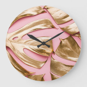 Reloj Redondo Grande Hojas de Monstera Dorada: Rosa Pastel.