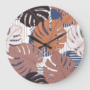 Reloj Redondo Grande Hojas de monstera exóticas, tropicales vintage.