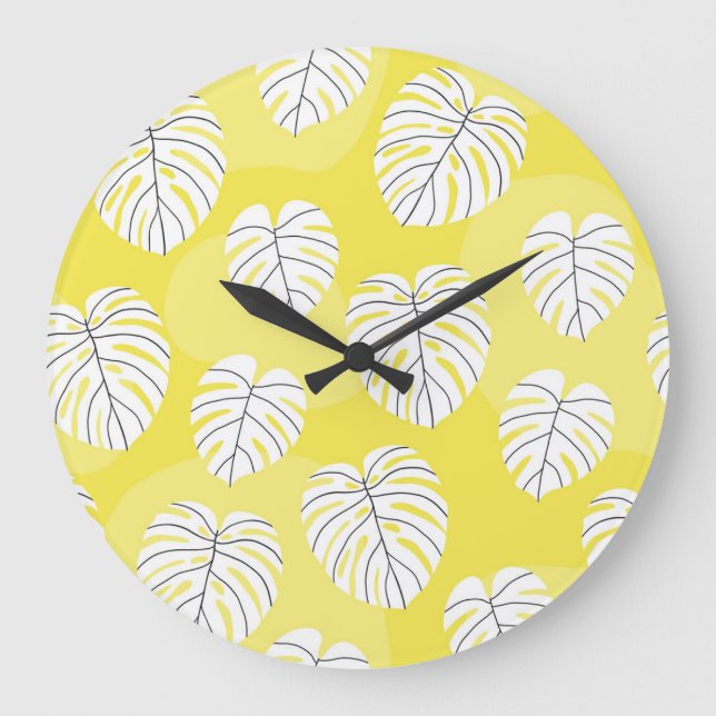 Reloj Redondo Grande Hojas de monstera, fondo amarillo brillante. (Anverso)