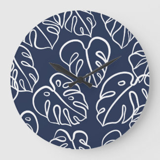 Reloj Redondo Grande Hojas de Monstera: Mano Vintage dibujada.