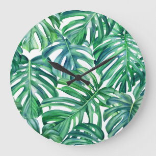 Reloj Redondo Grande Hojas de Monstera: Patrón de jungla acuarela.
