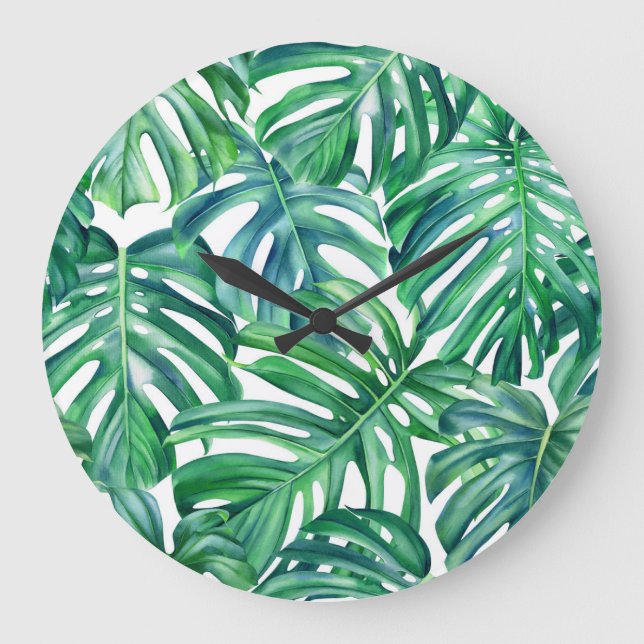 Reloj Redondo Grande Hojas de Monstera: Patrón de jungla acuarela. (Anverso)