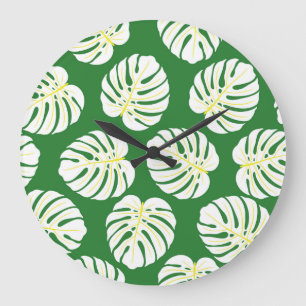 Reloj Redondo Grande Hojas de Monstera, Vintage verde oscuro.