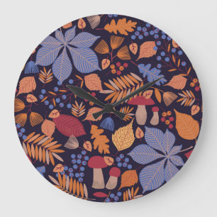 Reloj Redondo Grande Hojas de otoño, Ilustracion de champiñones vintage