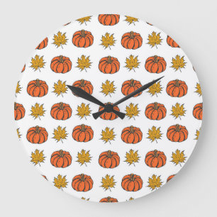 Reloj Redondo Grande Hojas de otoño: Patrón de calabaza dibujada a mano