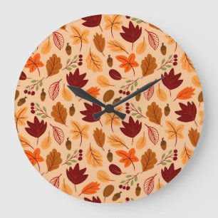 Reloj Redondo Grande Hojas de otoño, simple patrón infantil sin costura