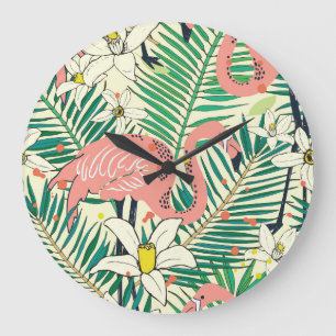 Reloj Redondo Grande Hojas de palma de Flamingo: Vintage tropical
