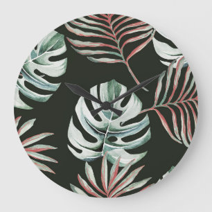 Reloj Redondo Grande Hojas de palma, monstera: acuarela tropical.