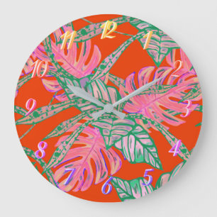 Reloj Redondo Grande Hojas de palma monstera coleus fuego tropical rojo