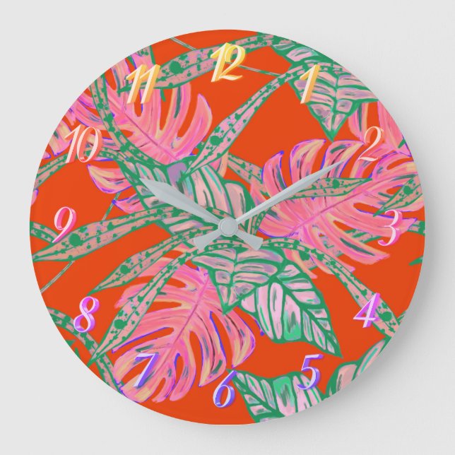 Reloj Redondo Grande Hojas de palma monstera coleus fuego tropical rojo (Anverso)