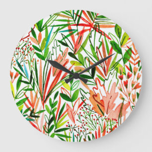 Reloj Redondo Grande Hojas exóticas, flores, trozo de selva acuática