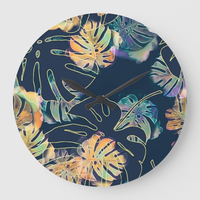 Reloj Redondo Grande Hojas exóticas pintadas a mano: patrón sin costura (Anverso)