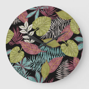 Reloj Redondo Grande Hojas oscuras tropicales: Diseño de patrones texti