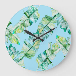 Reloj Redondo Grande Hojas tropicales acuarelas, ilustracion sin costur