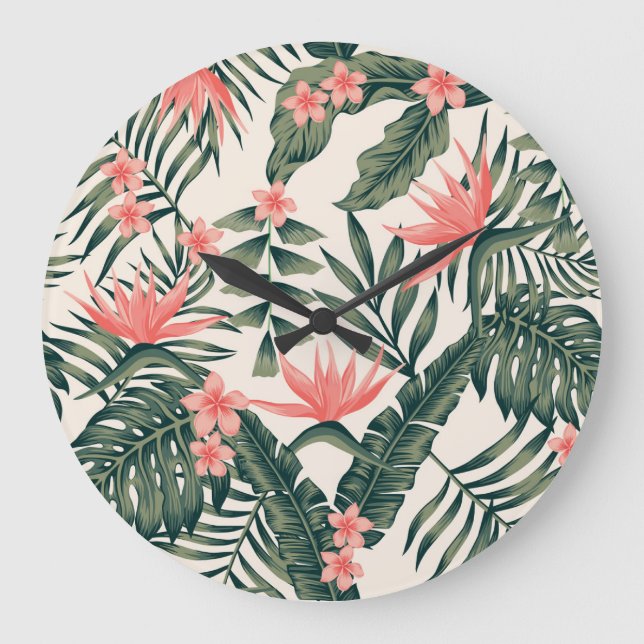 Reloj Redondo Grande Hojas tropicales, alegres tapices de playa. (Anverso)