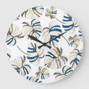Reloj Redondo Grande Hojas tropicales coloridas, patrón moderno.