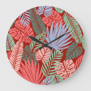 Reloj Redondo Grande Hojas tropicales de Doodle: Oscuras manos dibujada