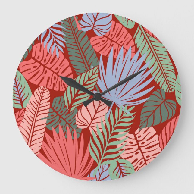 Reloj Redondo Grande Hojas tropicales de Doodle: Oscuras manos dibujada (Anverso)
