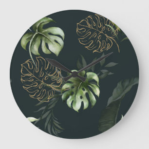 Reloj Redondo Grande Hojas tropicales de oro: acuarela oscura