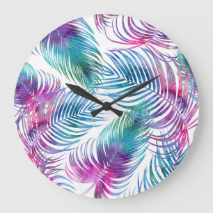 Reloj Redondo Grande Hojas tropicales de palma, acuarela floral.