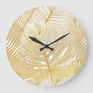 Reloj Redondo Grande Hojas tropicales de palma: patrón vintage.