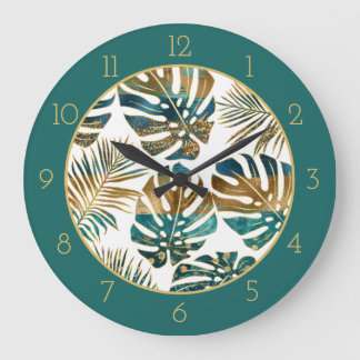 Reloj Redondo Grande Hojas tropicales estampadas verde azuladas, pincel