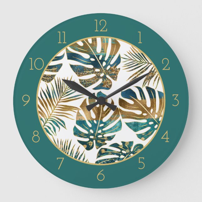 Reloj Redondo Grande Hojas tropicales estampadas verde azuladas, pincel (Anverso)