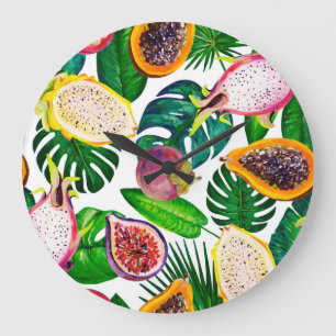 Reloj Redondo Grande Hojas tropicales, frutas, gouache sin costura.