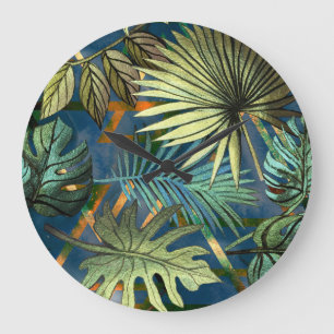 Reloj Redondo Grande Hojas tropicales, patrón de formas geométricas