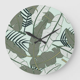 Reloj Redondo Grande Hojas Tropicales: Patrón de la Naturaleza sin Mar.