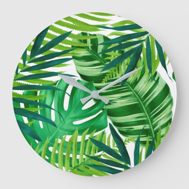 Reloj Redondo Grande Hojas tropicales verdes  (Anverso)
