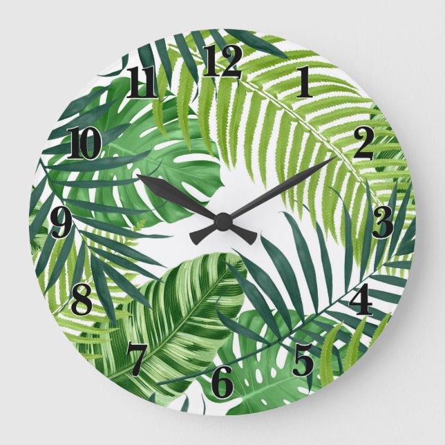 Reloj Redondo Grande Hojas tropicales verdes (Anverso)