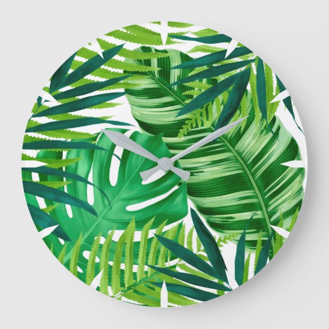 Reloj Redondo Grande Hojas tropicales verdes (Anverso)