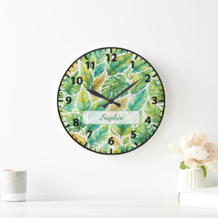 Reloj Redondo Grande Hojas Tropicales Verdes Estéticas Nombre Personali