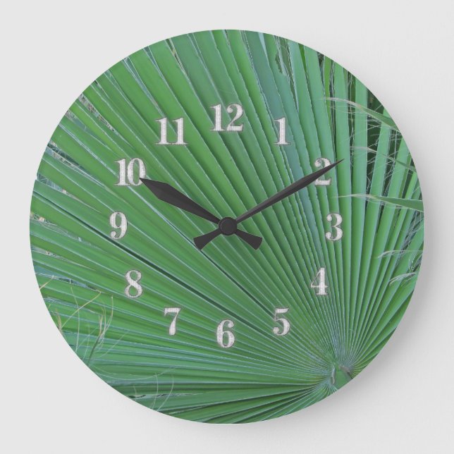 Reloj Redondo Grande Hojas tropicales verdes foto diagonal resumen hoja (Anverso)
