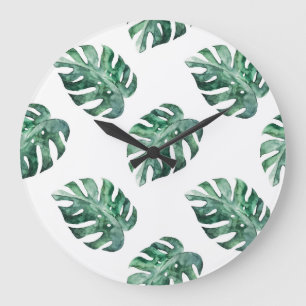 Reloj Redondo Grande Hojas tropicales verdes, patrón de acuarela