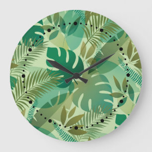 Reloj Redondo Grande Hojas verdes aireadas de follaje tropical