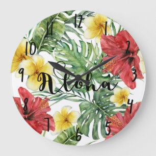 Reloj Redondo Grande Hojas y flores botánicas tropicales Floral Aloha