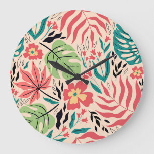 Reloj Redondo Grande Hojas y flores tropicales: Fusión vintage