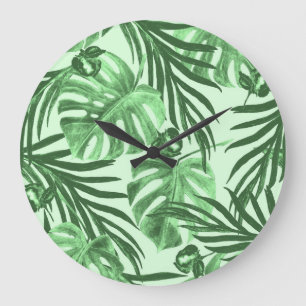 Reloj Redondo Grande Hojas y flores tropicales, patrón de acuarela.