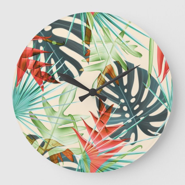 Reloj Redondo Grande Hojas y flores tropicales: Patrón vibrante (Anverso)